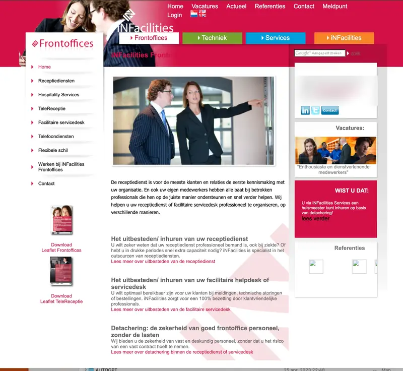 Oude website van iNFacilities (2010): Frontoffices: receptiediensten, hospitality en TeleReceptie