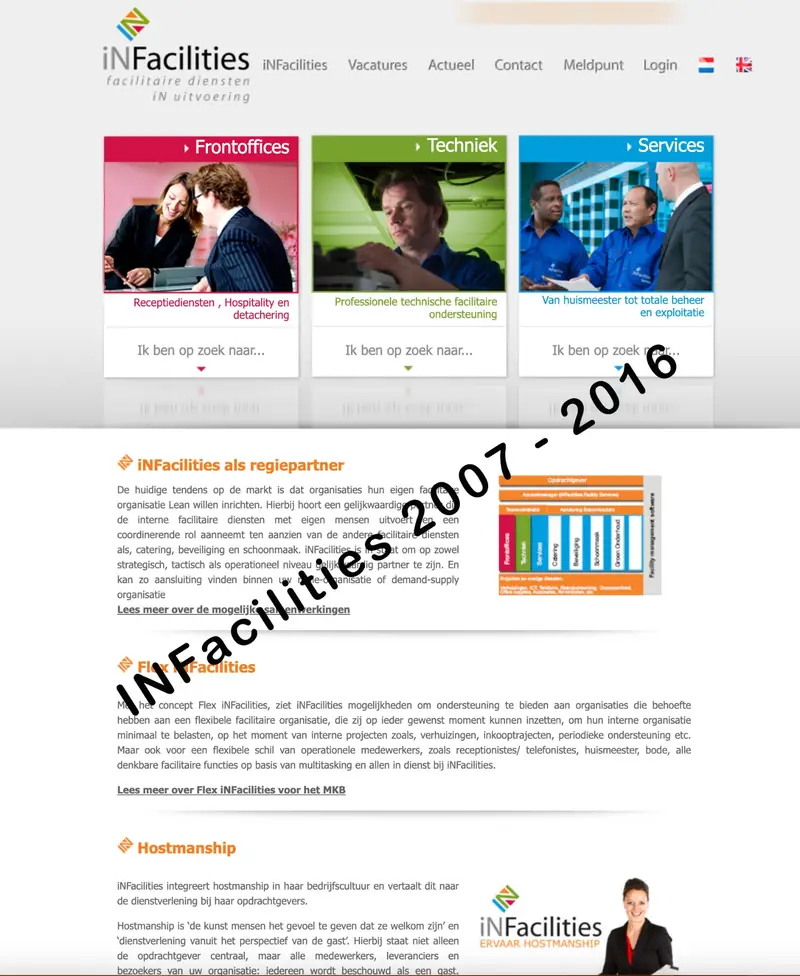 Oude website van iNFacilities (2010): De homepage, met de drie divisies en ‘Ik ben op zoek naar…’