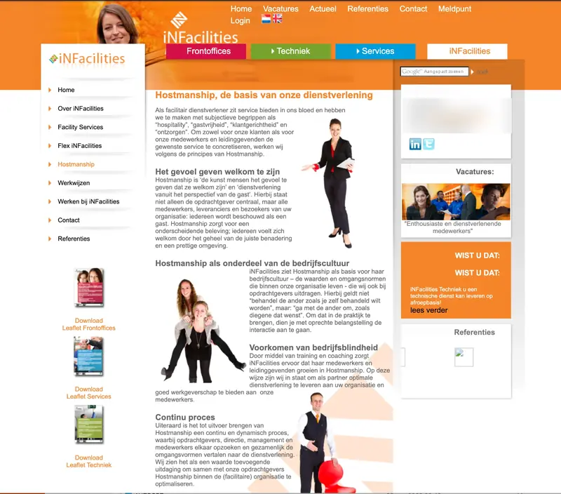 Oude website van iNFacilities (2010): Hostmanship, de basis van onze dienstverlening