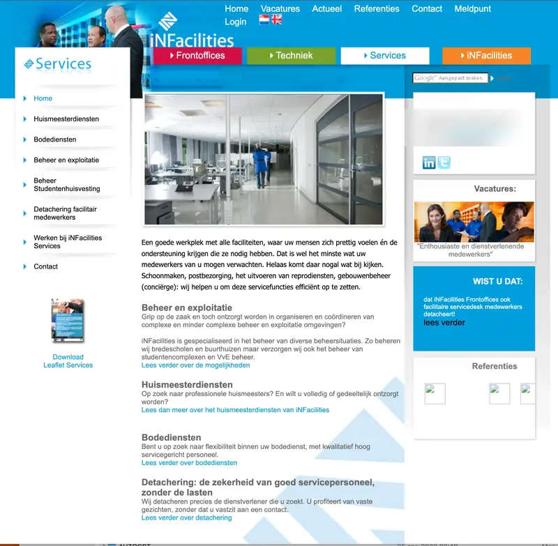 Oude website van iNFacilities (2010): Services: huismeesters, bodes en beheer en exploitatie