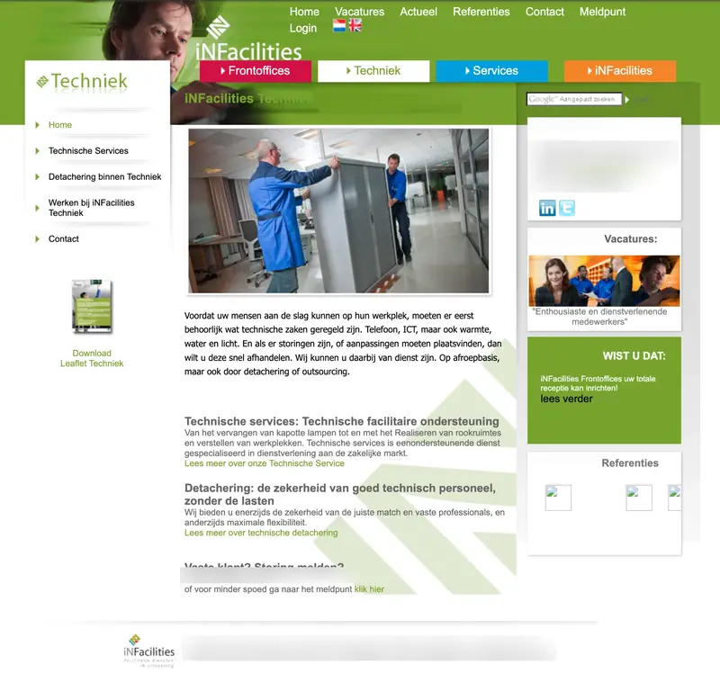 Oude website van iNFacilities (2010): Techniek: technische services en detachering