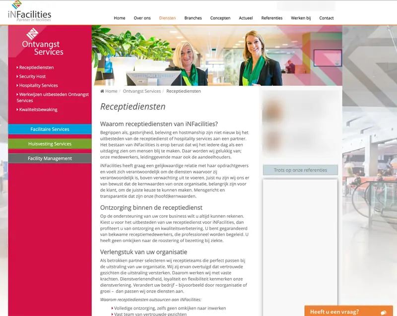 Oude website van iNFacilities (2015): Ontvangst Services: receptiediensten